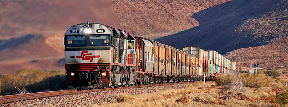 SCT Train passing Wirrappa, South Australia on the Trans Australia Railway to Perth. Source: Bingley Hall