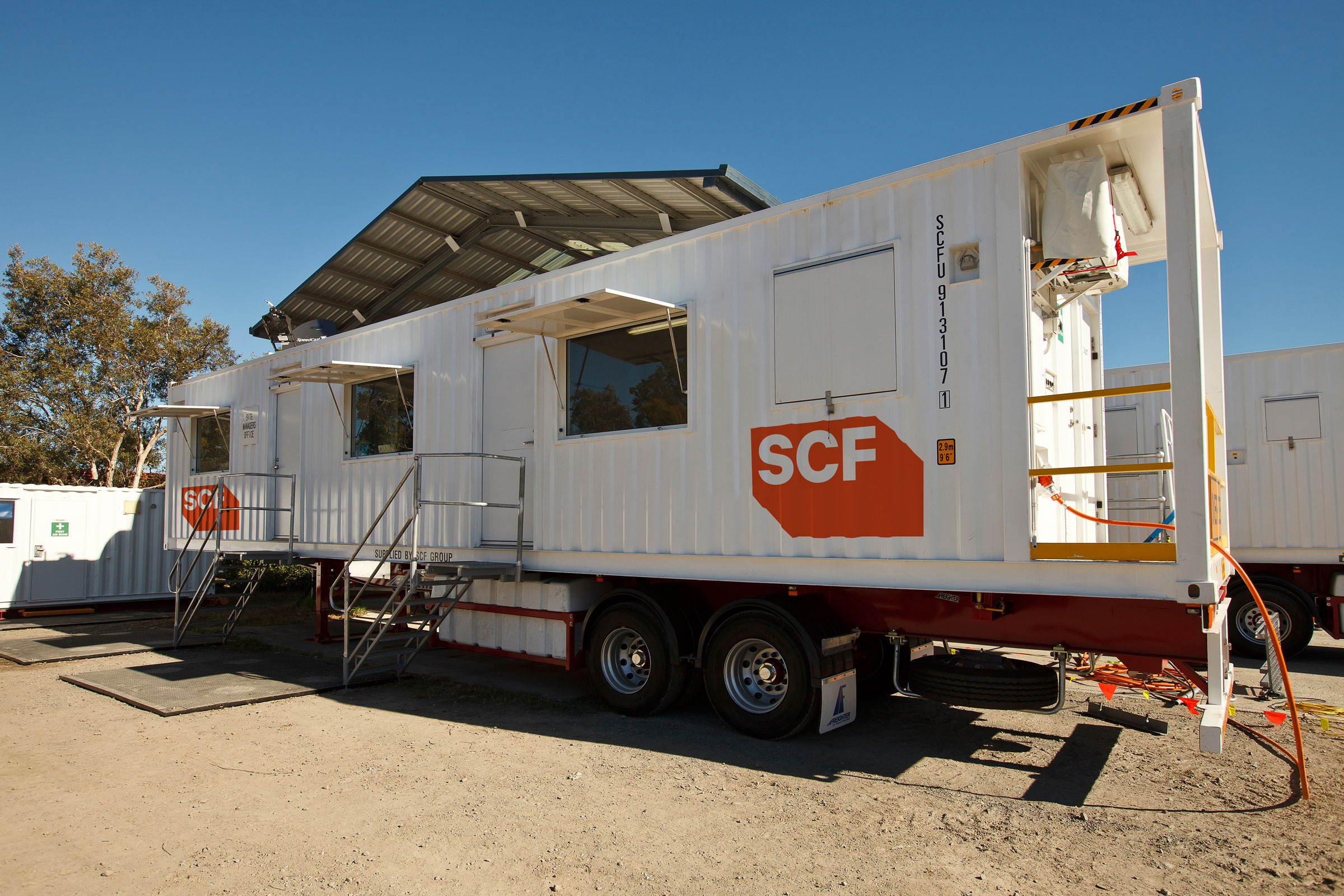 SCF Trailerised camp with stairs in place. Quick and easy to deploy to remote sites
