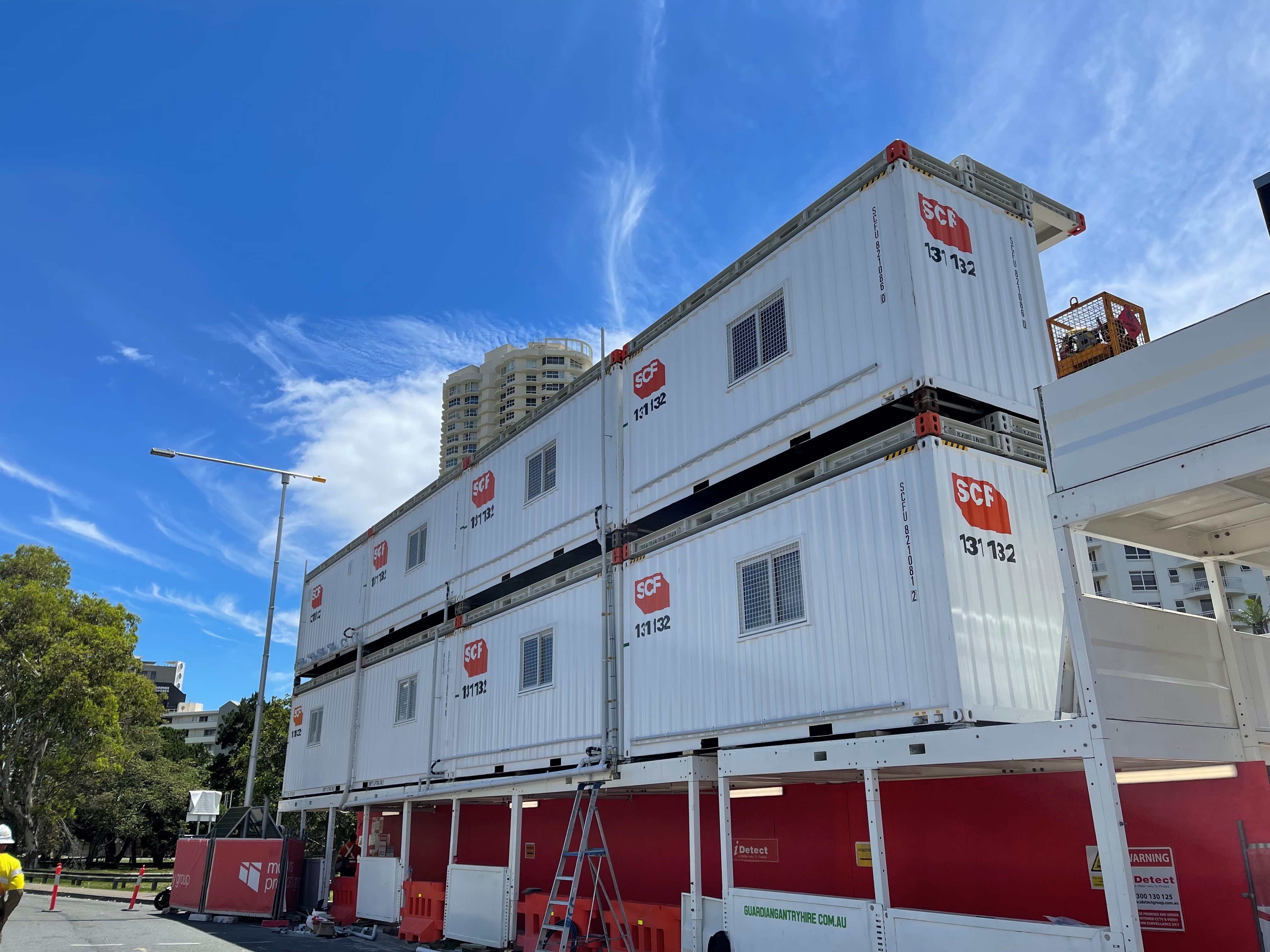 SCF Site Sheds double stacked with gantries to provide safe pedestrian access.