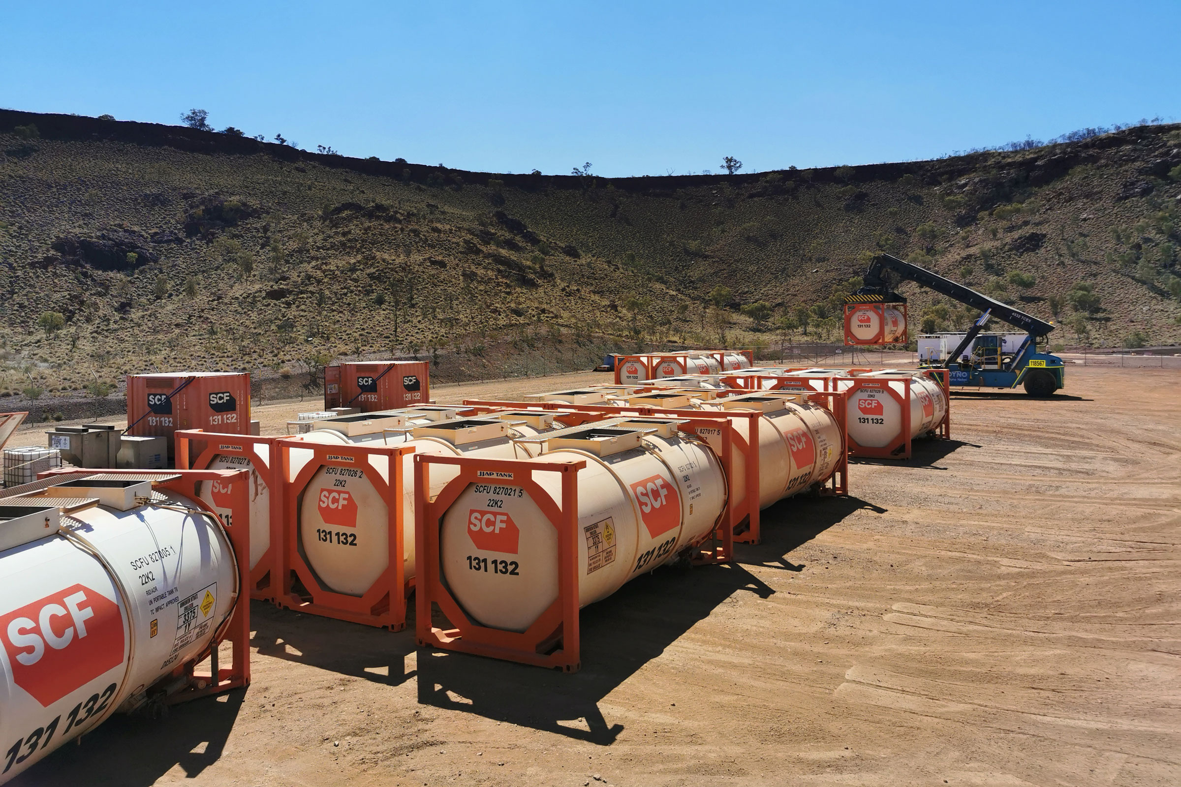 Multiple SCF ISO Tanks on a remote site, used for storage