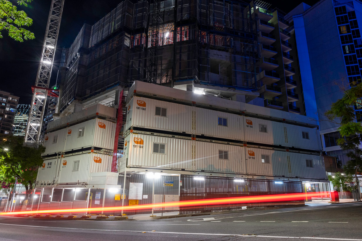 SCF Site Sheds at night.