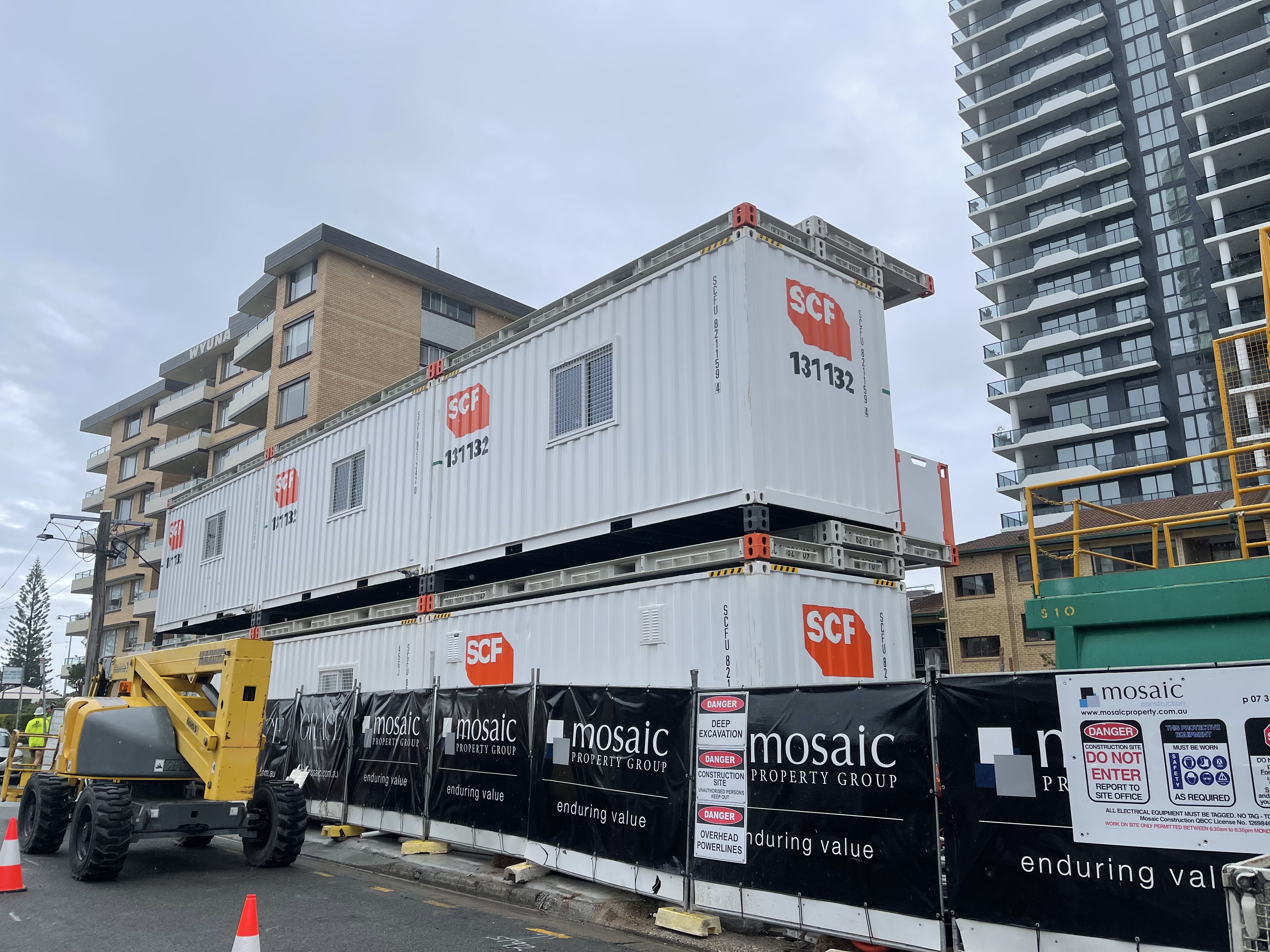 Street view of SCF Site Sheds double stacked.